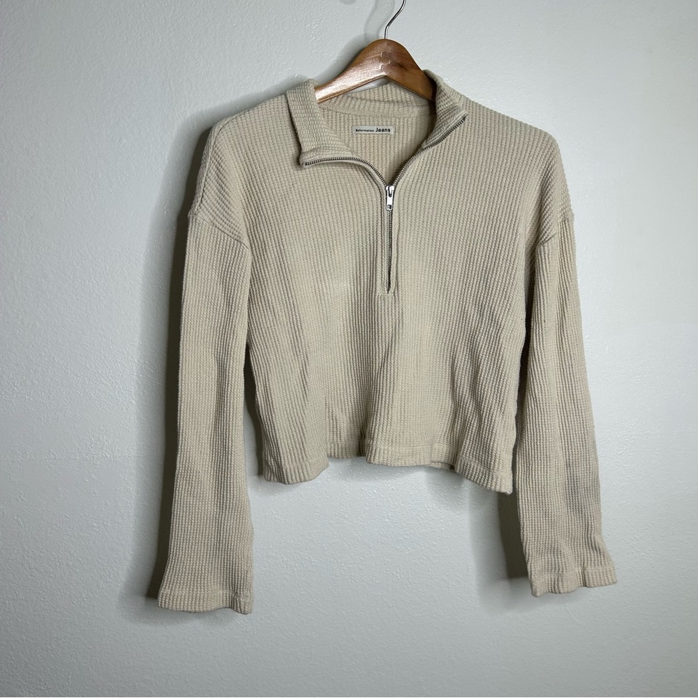 Reformation Beige Half-Zip Waffle Knit Sweatshirt